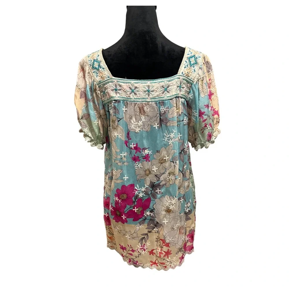 Johnny Was‎ Permint Padme Floral Embroidered Tunic S  Rayon Boho EUC